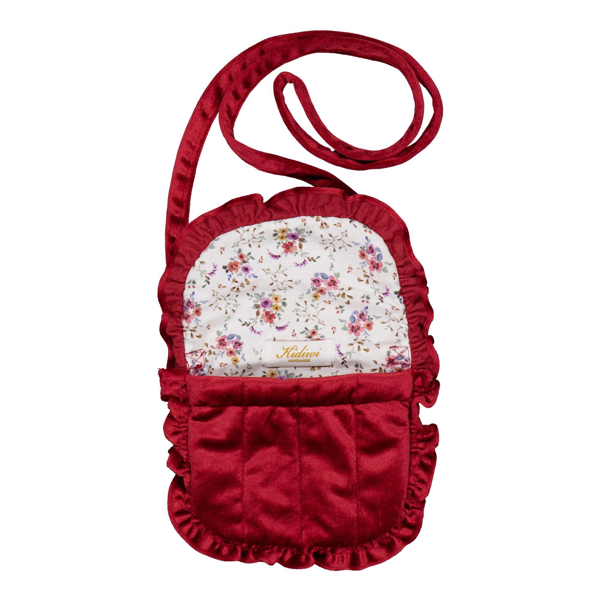 Mimosa, smocked shoulder bag, in Burgundy velvet with printed lining