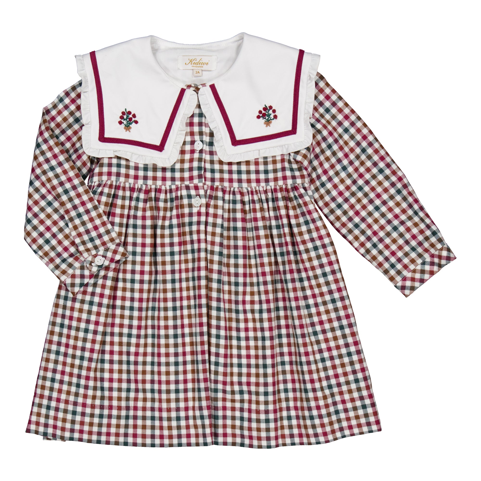 Paola, dress, in Burgund and pine gingham