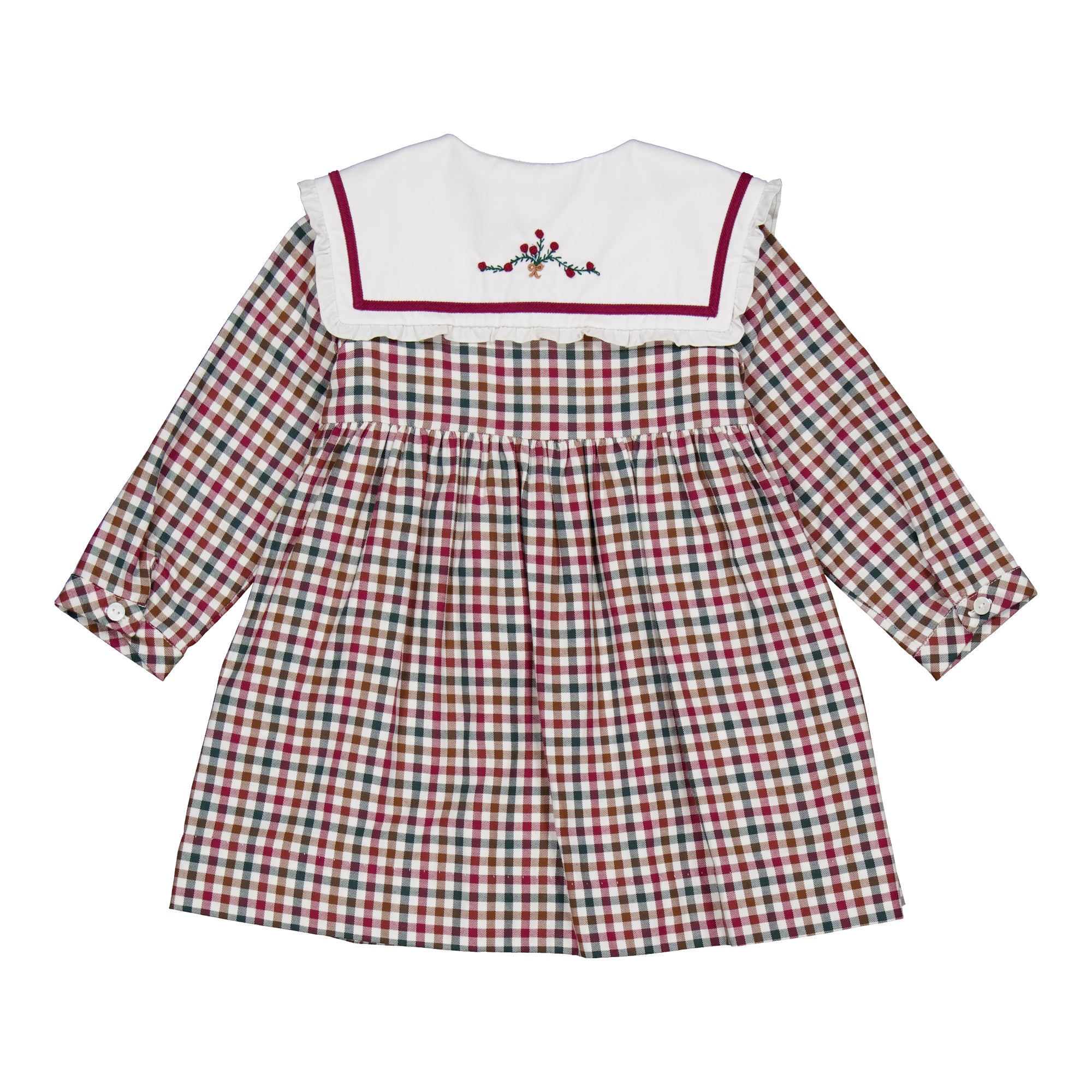 Paola, dress, in Burgund and pine gingham