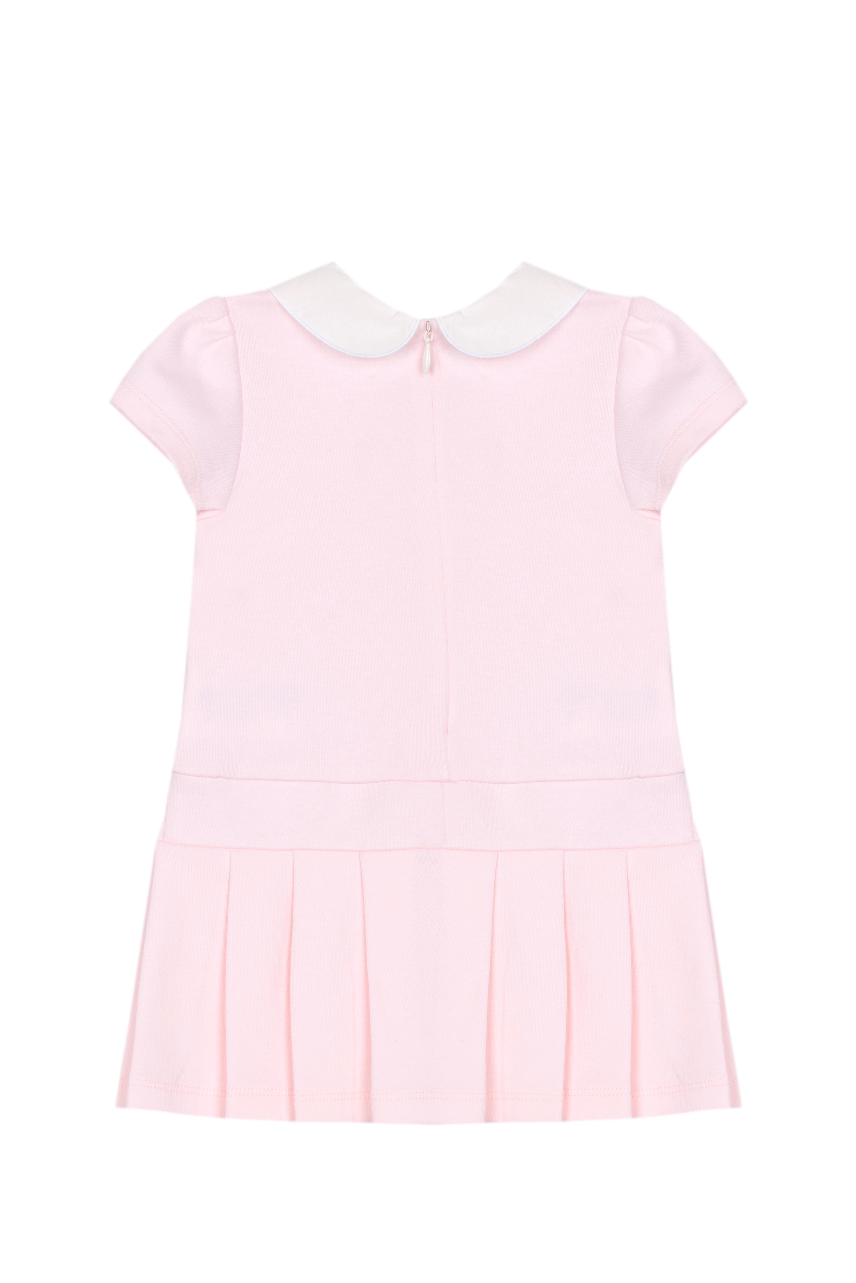 Pink Cotton Dress with Collar Embroidery
