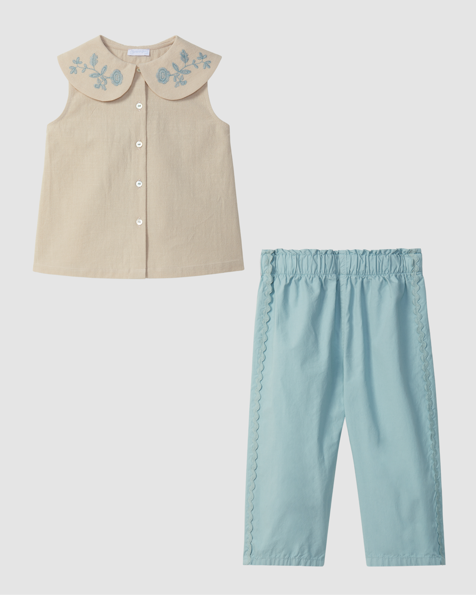 Blouse textured and embroidered cotton and Turquoise Pants