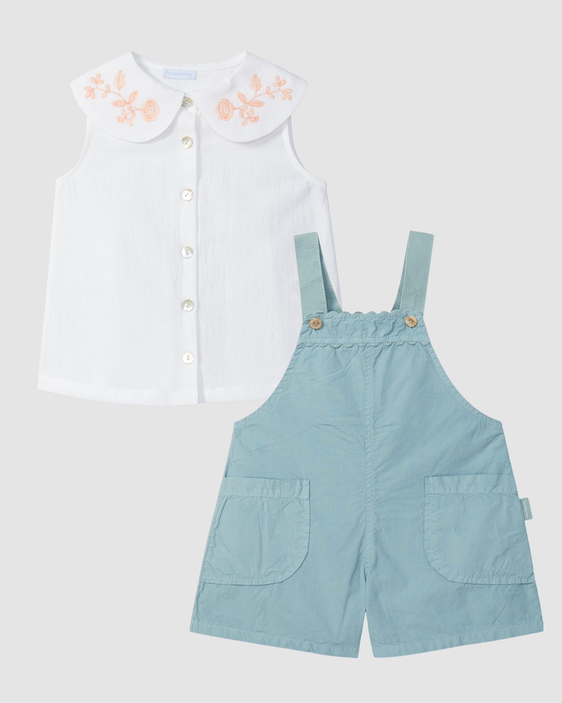 Twill dungaree shorts with Blouse textured and embroidered