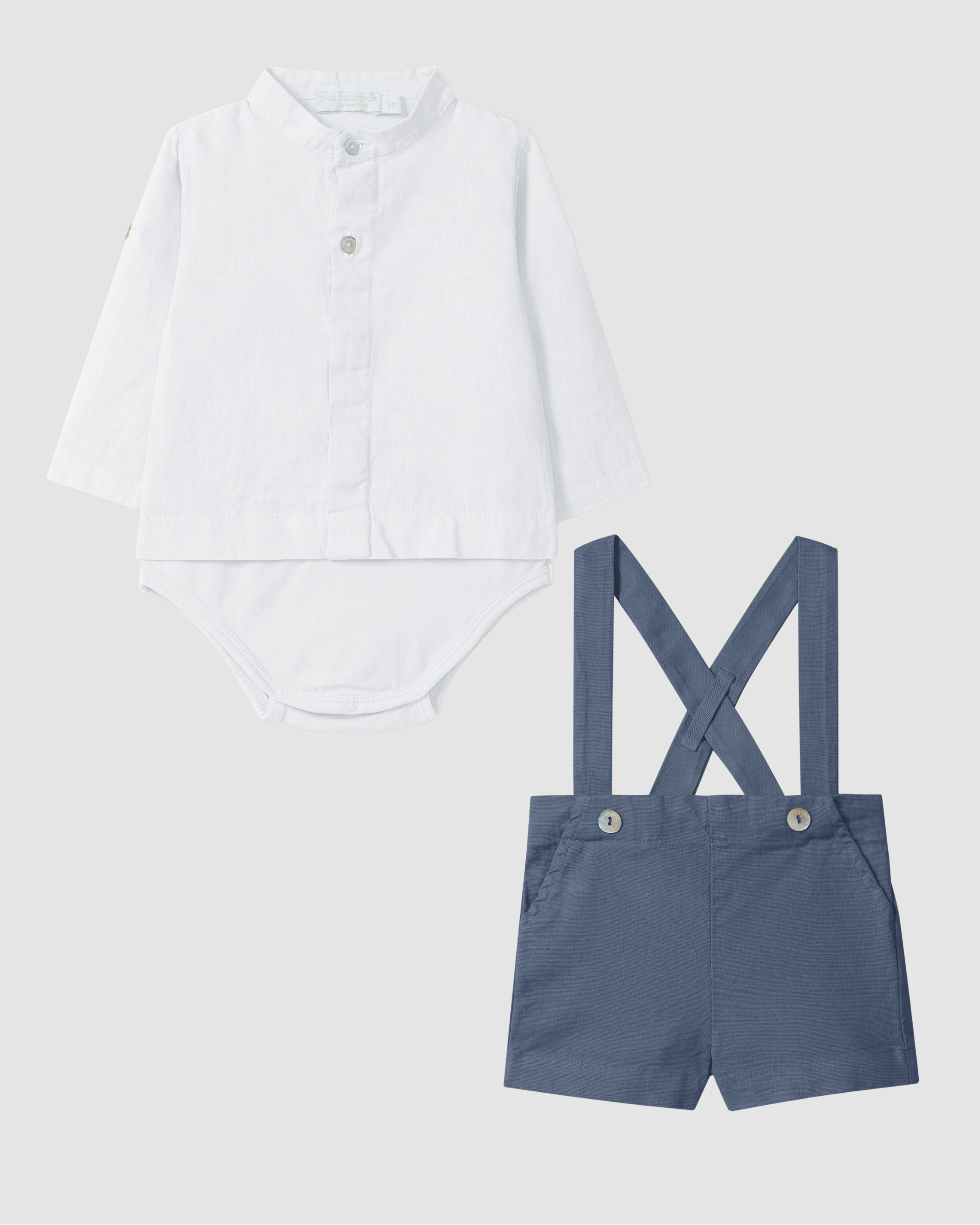 Blue Linen shorts with suspenders and Body shirt mandarin collar in linen