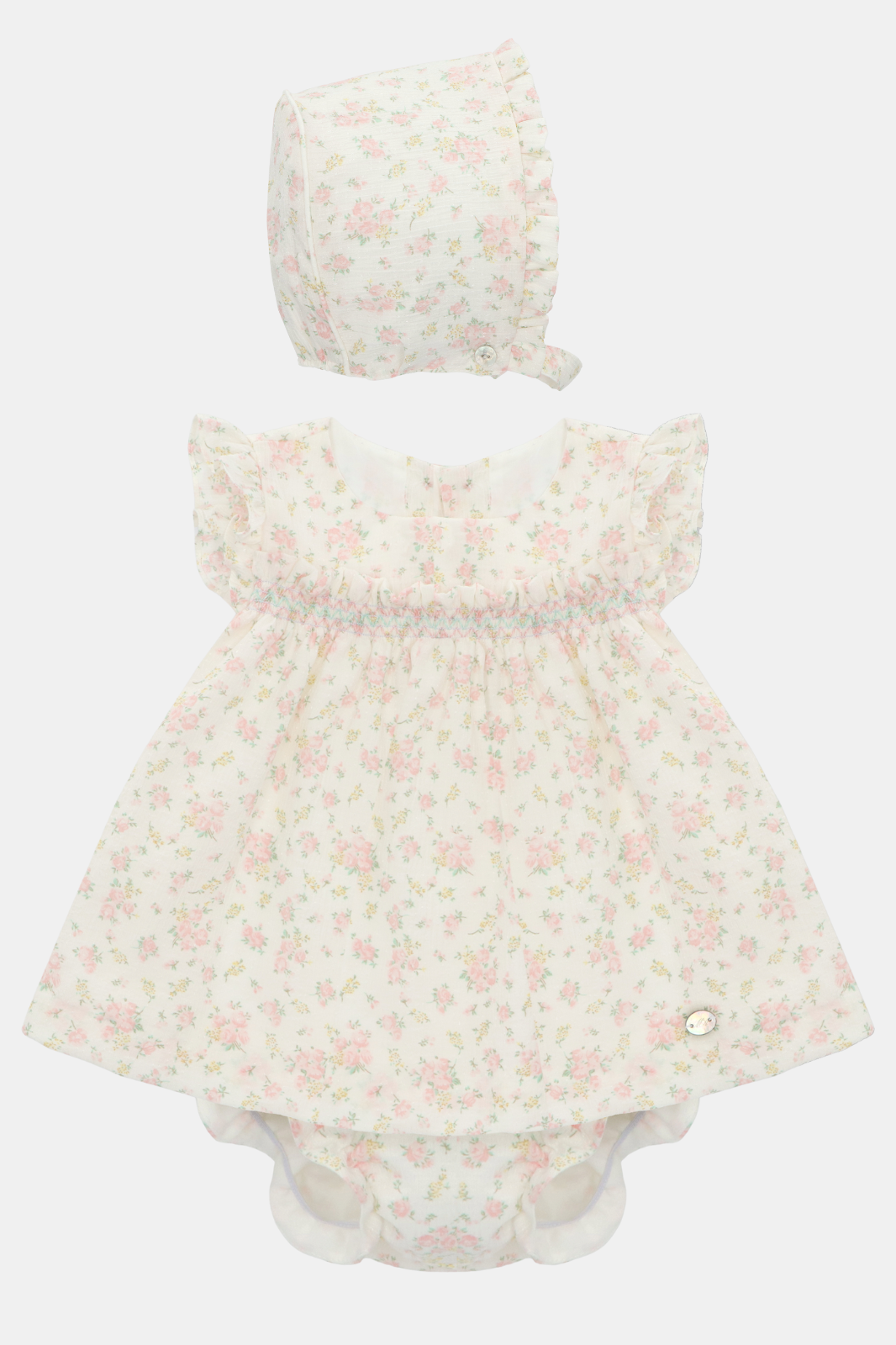 Conjunto Vestido, Cubrepañal y Bonnet Niña Catania