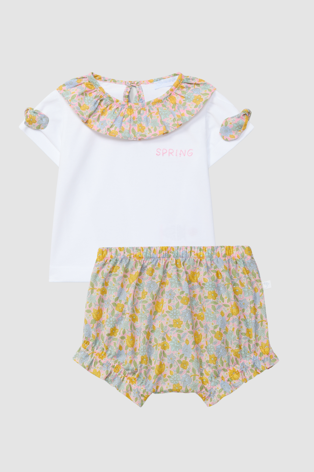 Conjunto Camiseta y cubrepañal en tejido Liberty floral Rosa y Mostaza