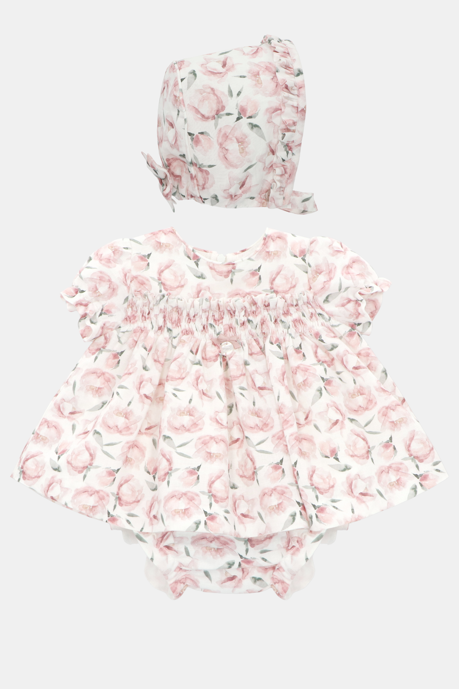Conjunto Vestido, Cubrepañal y Bonnet Niña Siena