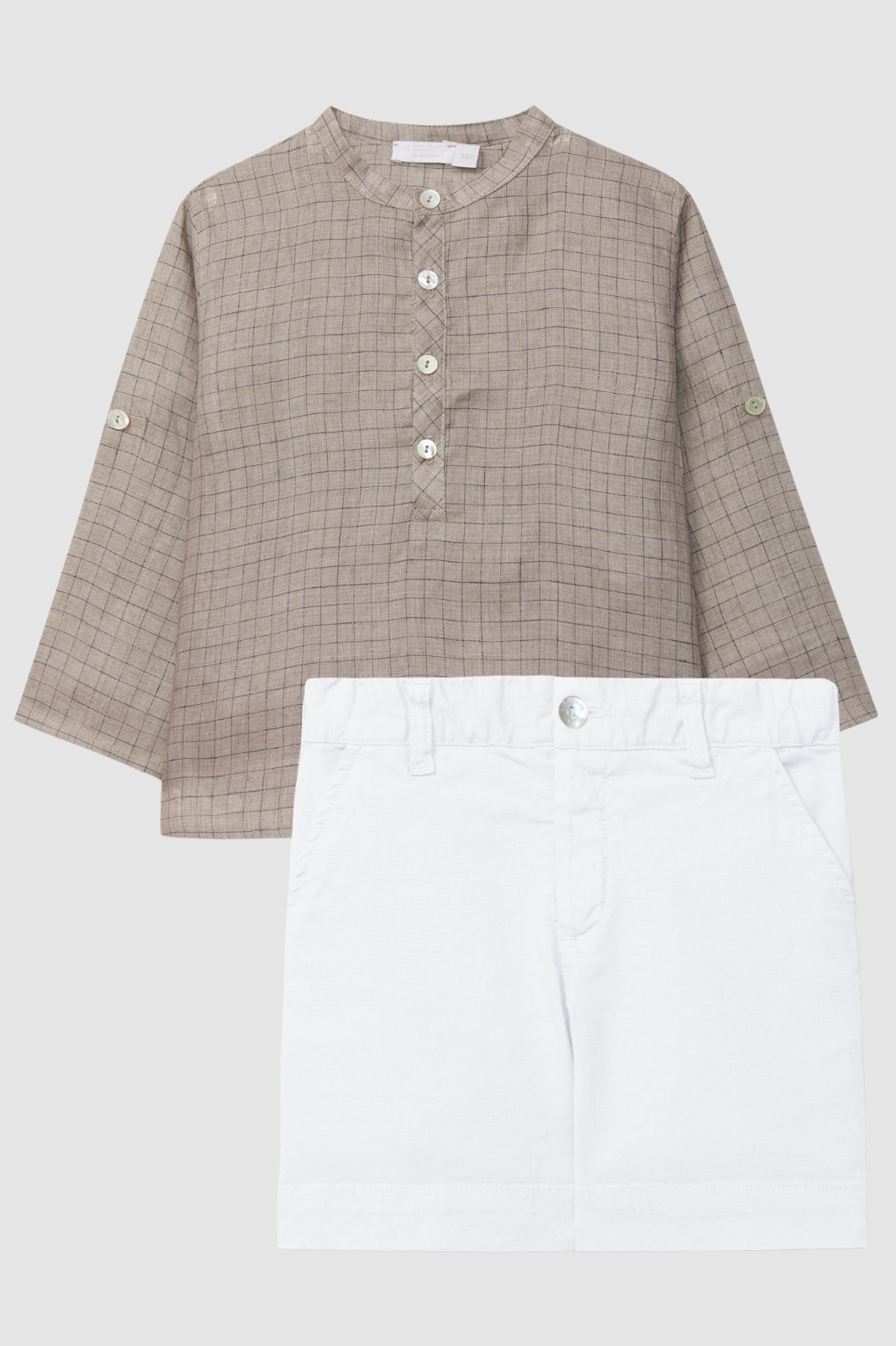 Camisa cuello mao cuadros de lino y pantalon corto lona
