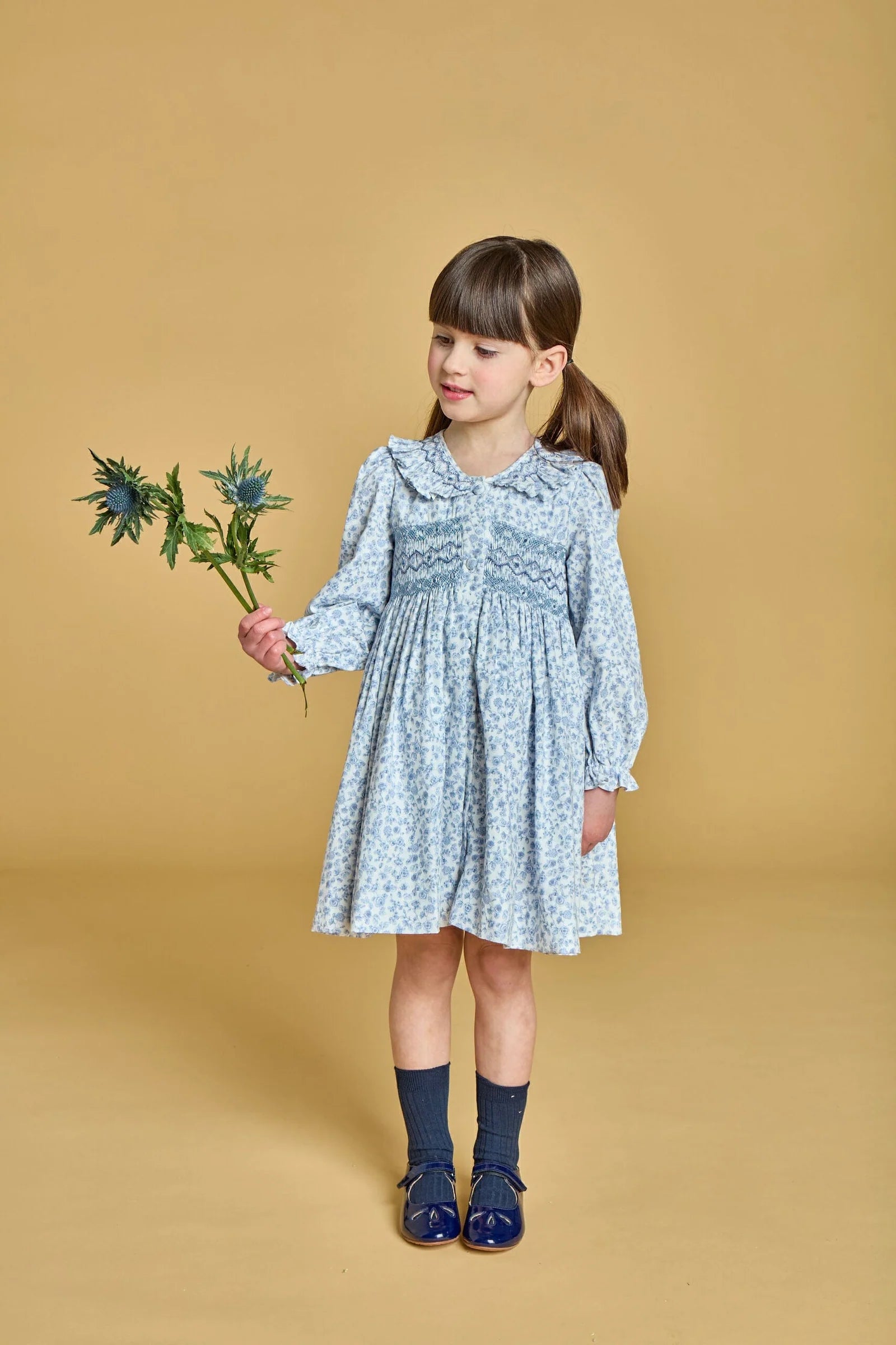 Adeline smocked dress in Blue garden print