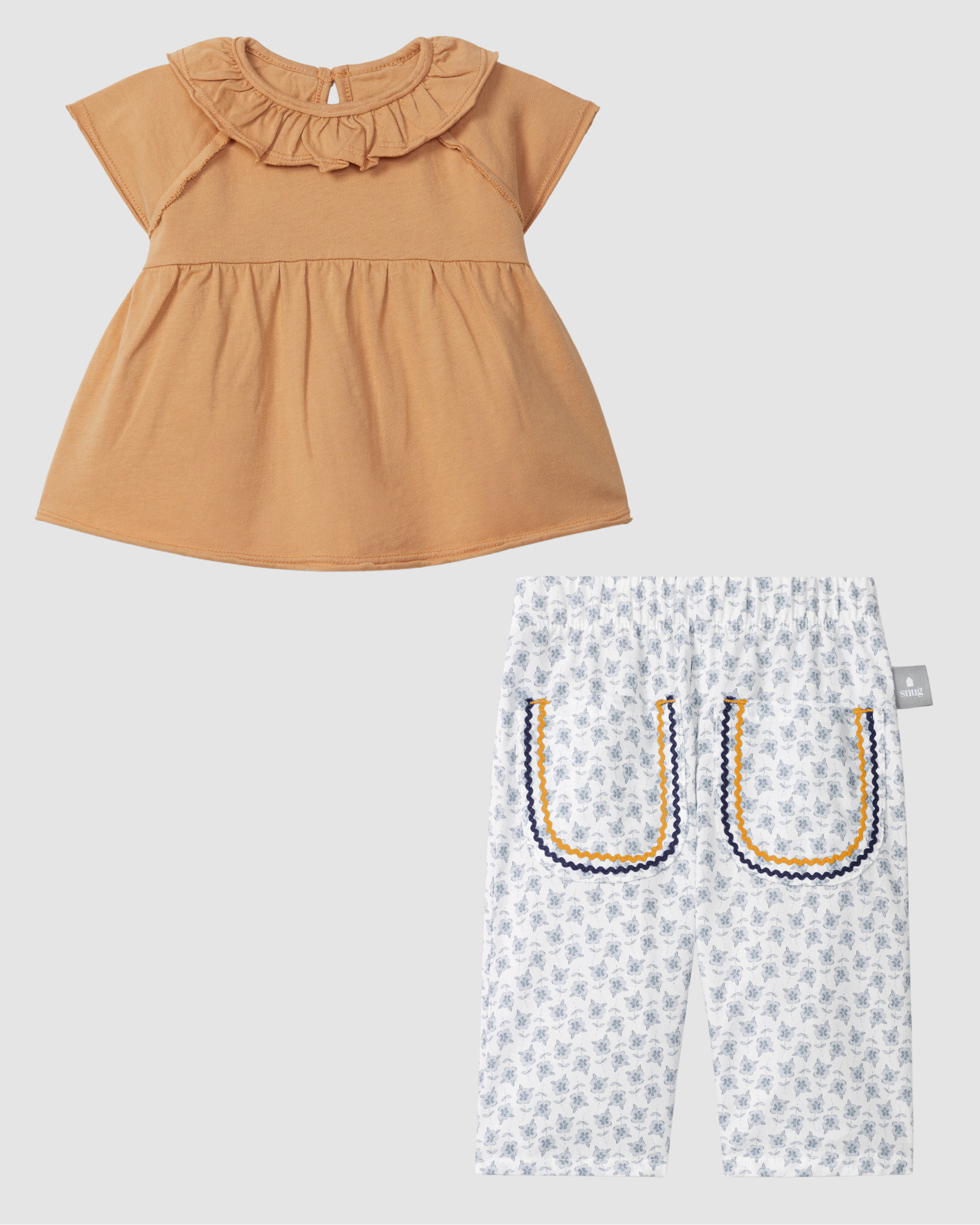 Terracot T-shirt with ruffled collar and Floral pull-up pants with rickrack detail