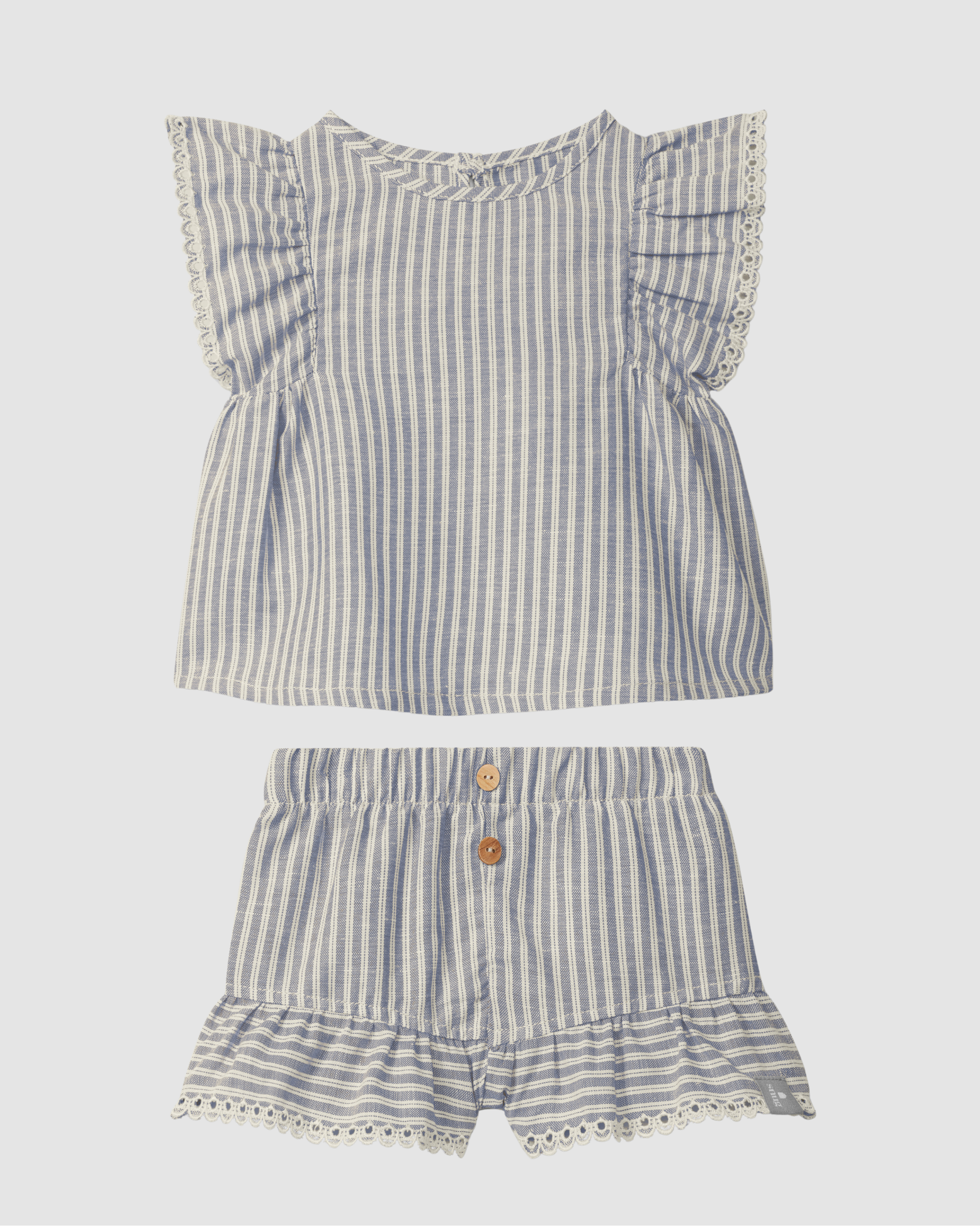 Indigo Pull-up shorts and Top Set in striped fabric and English embroidery detail