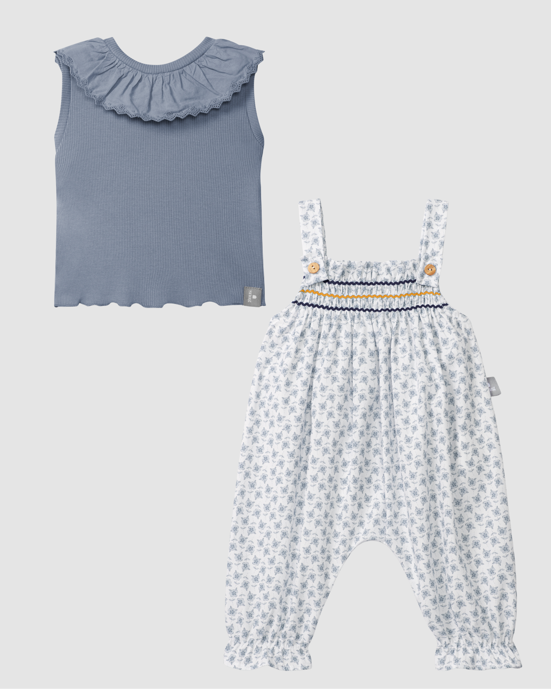 Floral dungarees with rickrack detail