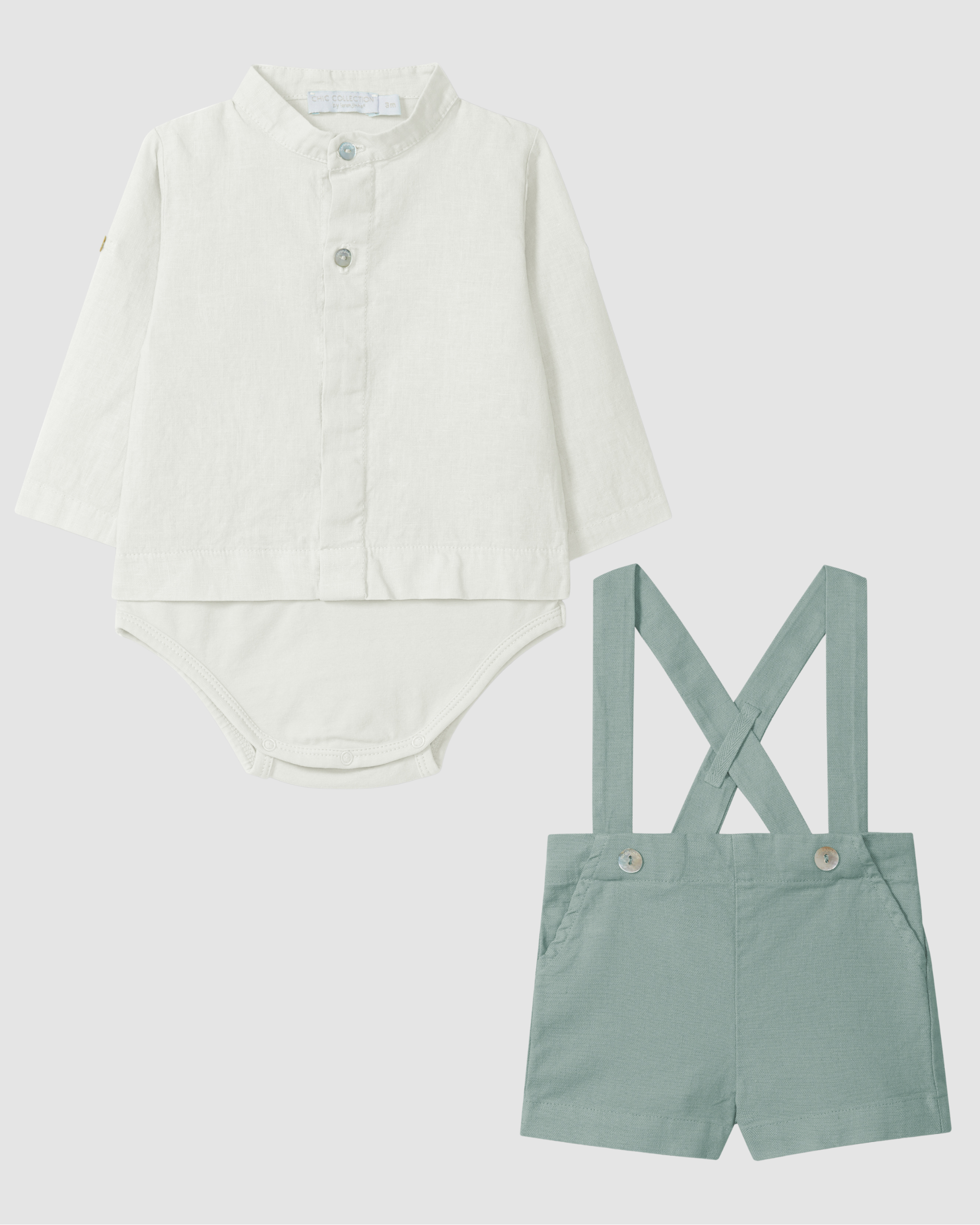 Green Linen shorts with suspenders and Body shirt mandarin collar in linen