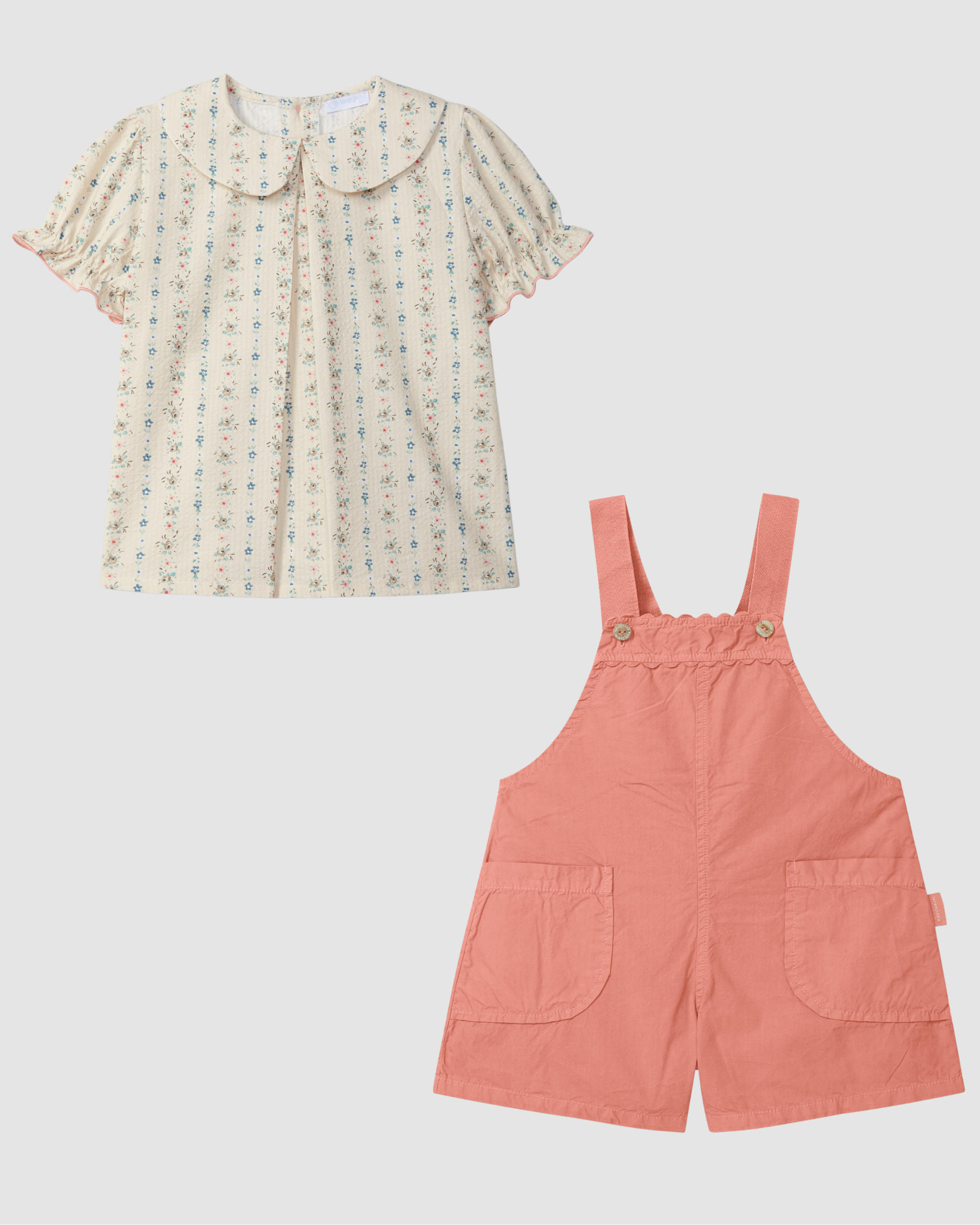 Twill dungaree shorts with Floral print seersucker blouse