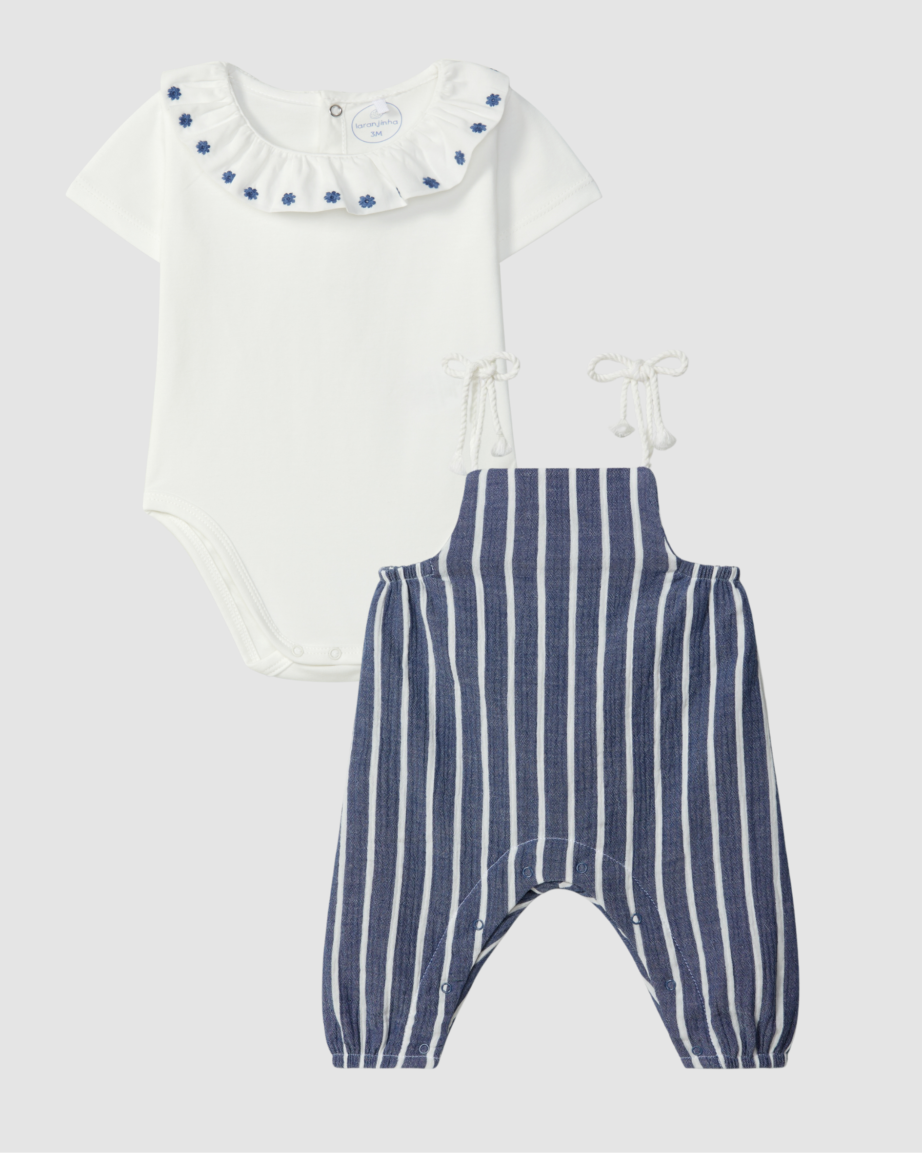 Dungarees in striped gauze with drawstring straps and Bodysuit ruffled collar with embroidered flowers detail