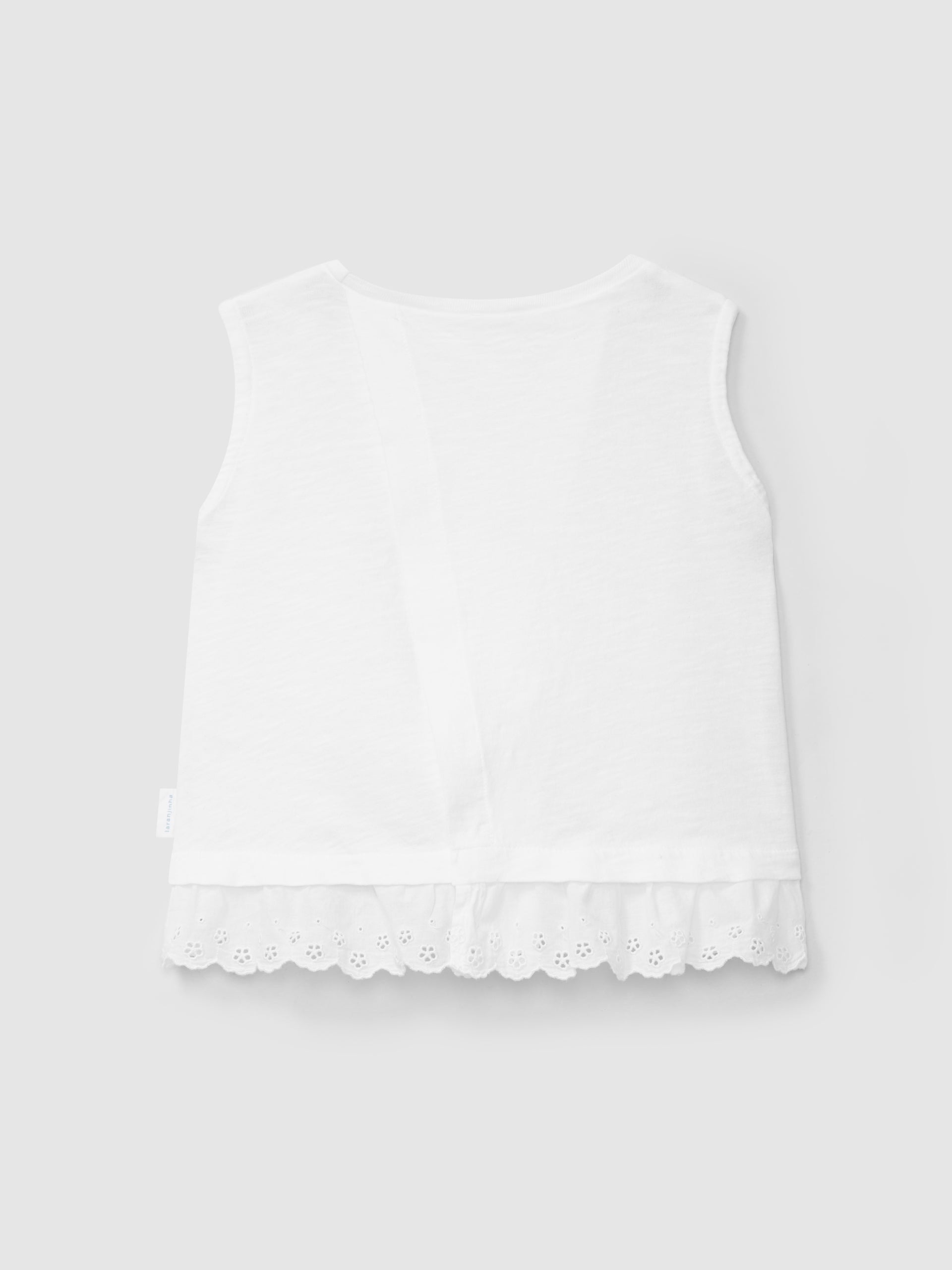 Conjunto Top Blanco con aplicación de bordado inglés y pantalon wide leg Rosa