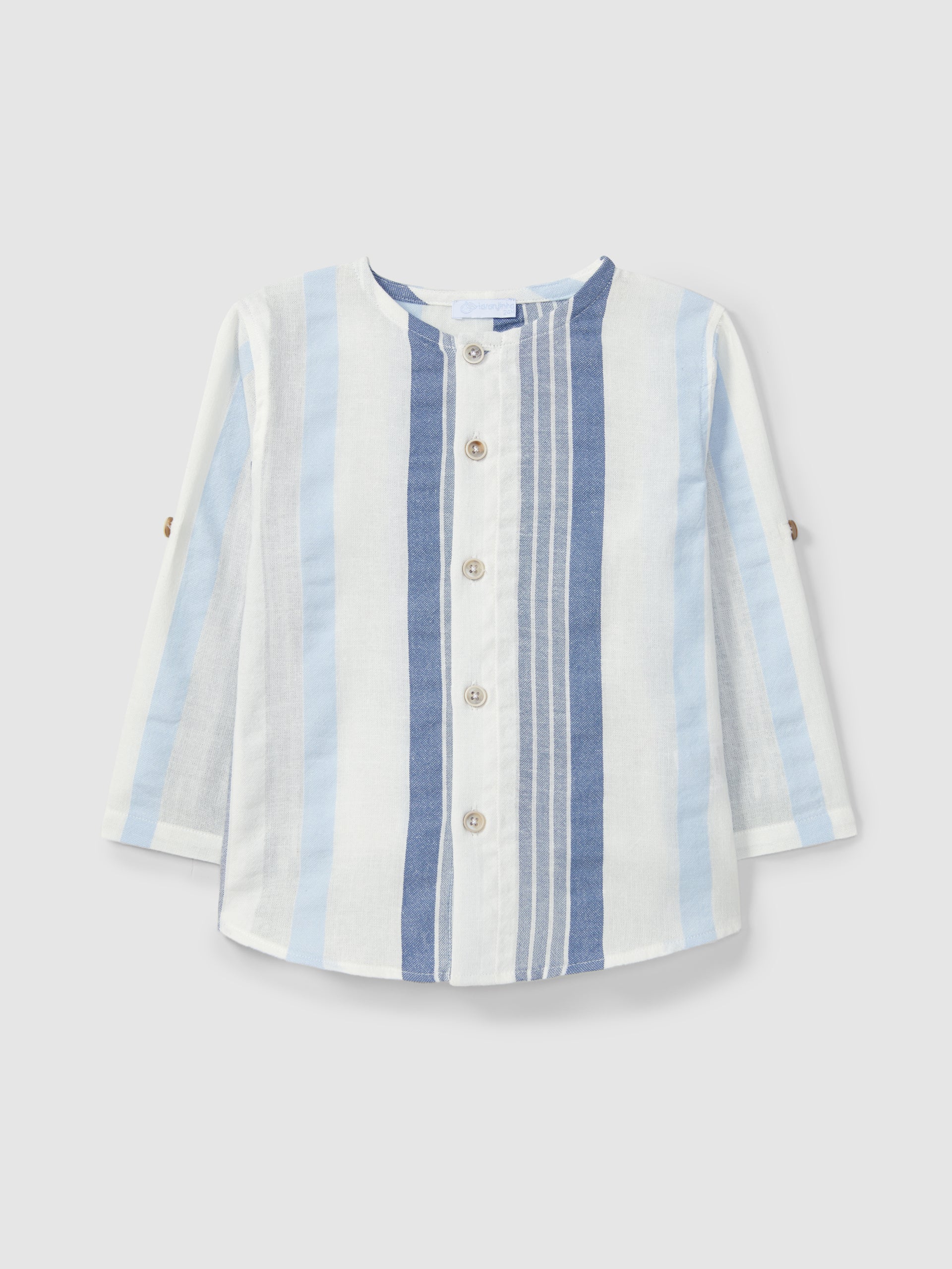 Shirt in mandarin collar textured striped fabric and Thin denim three-pocket pull-up shorts