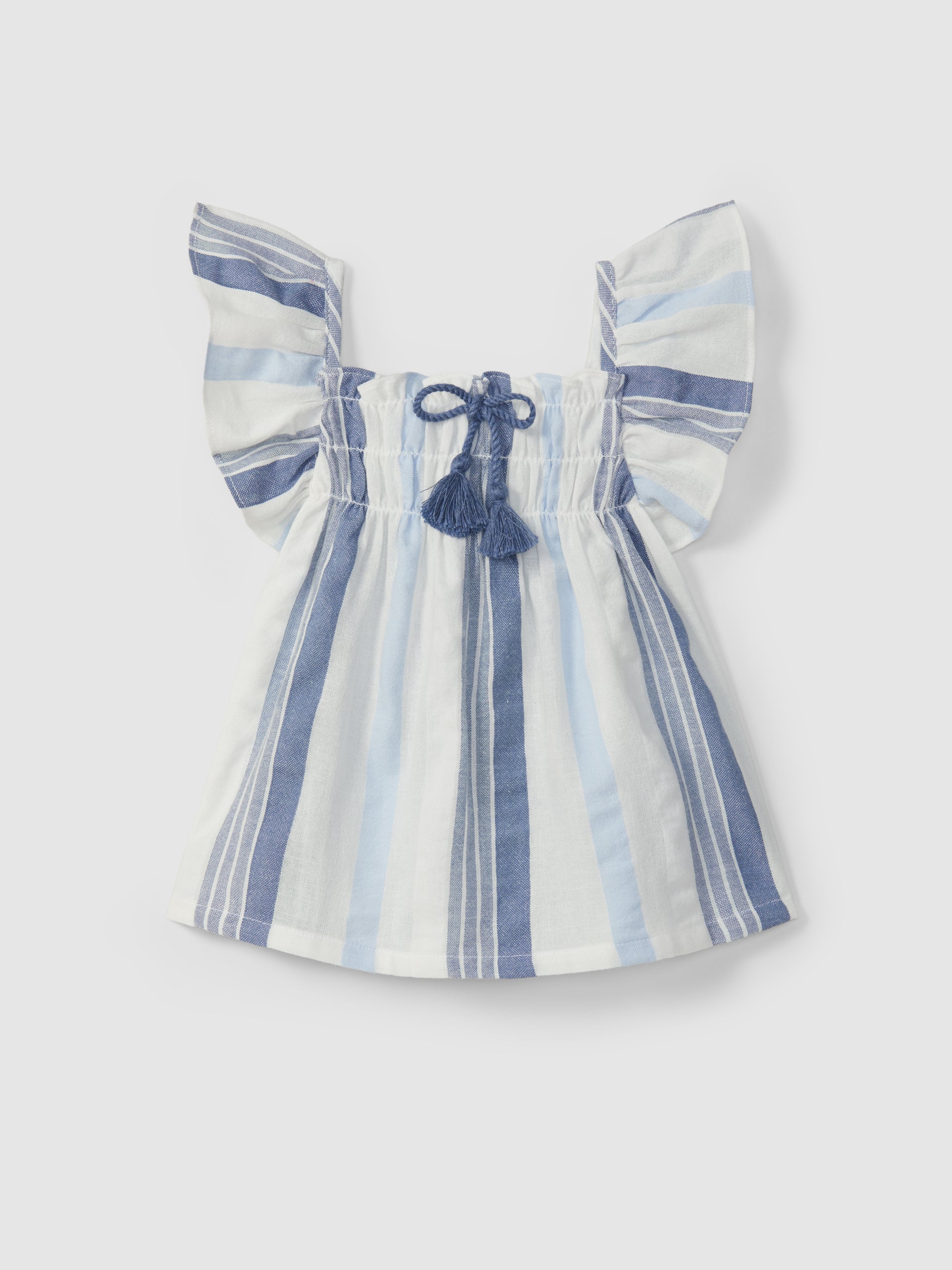 Textured striped fabric top with decorative drawstring and Thin denim pull-up shorts with embroidered details
