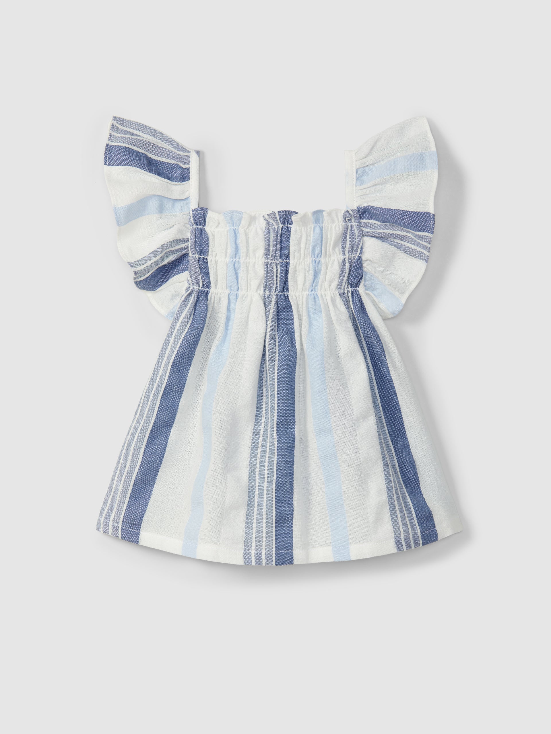Textured striped fabric top with decorative drawstring and Thin denim pull-up shorts with embroidered details