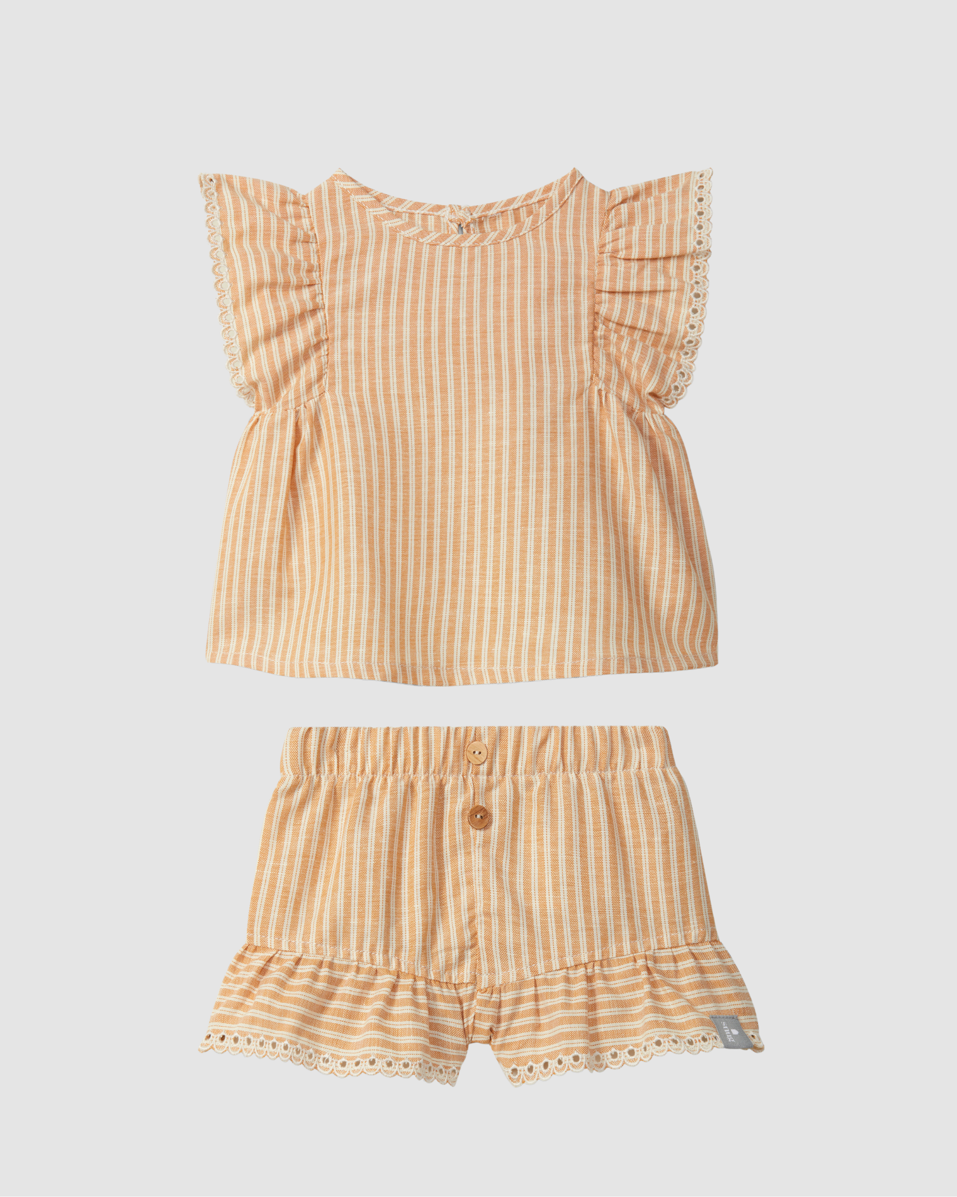 Terracot Pull-up shorts and Top Set in striped fabric and English embroidery detail